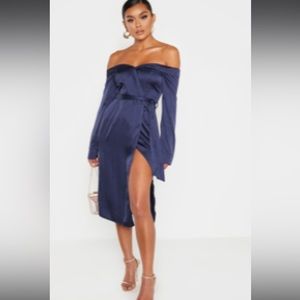 Navy satin wrap midi dress. Worn once. Size 6.